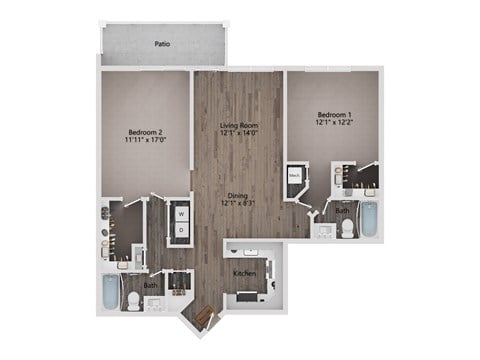 Floor plan for 2 beds, 2 baths, 1115 sqft